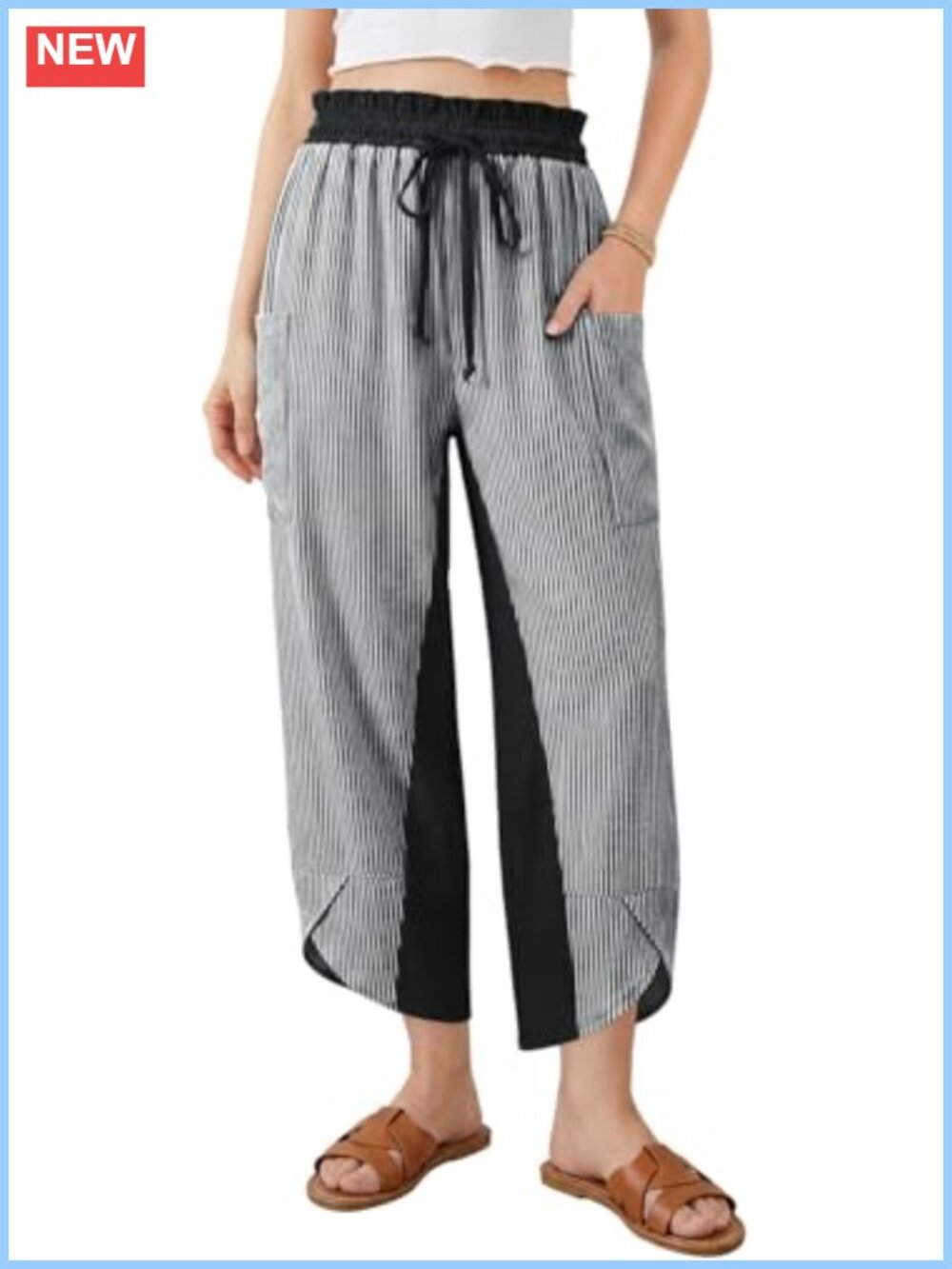 Linen Blend Wide Leg Palazzo Capri Pants Striped Drawstring Beach Harem